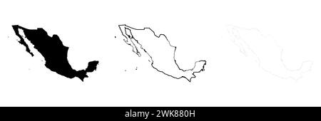 Mexico country silhouette. Set of 3 high detailed maps. Solid black silhouette, thick black outline and thin black outline. Vector illustration isolated on white background. Stock Vector