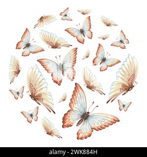 Vintage fluttering butterflies in round clipart. Summer exotic wild insects, moth. Hand drawn watercolor illustration. Template of isolated compositio Stock Photo