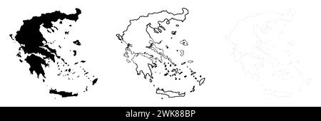 Greece country silhouette. Set of 3 high detailed maps. Solid black silhouette, thick black outline and thin black outline. Vector illustration isolated on white background. Stock Vector