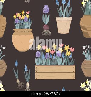 Vintage ceramic pots and wooden box with Spring flowers seamless pattern. Tulips, hyacinths, muscari, daffodils. Hand drawn vector illustration on Stock Vector