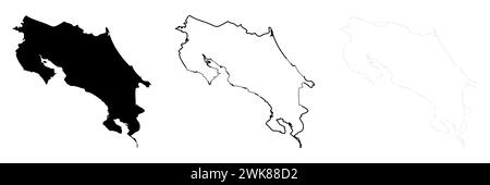 Costa Rica country silhouette. Set of 3 high detailed maps. Solid black silhouette, thick black outline and thin black outline. Vector illustration isolated on white background. Stock Vector