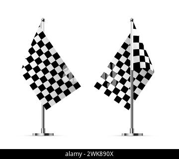 Black and white crossed race flags vector illustration. 3D realistic checkered flags on metal poles for start and finish of sport rally, moto racing f Stock Vector