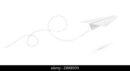Paper plane flying forward in air with line path vector illustration. Realistic white handmade origami aeroplane, flight of airplane with trail as sym Stock Vector