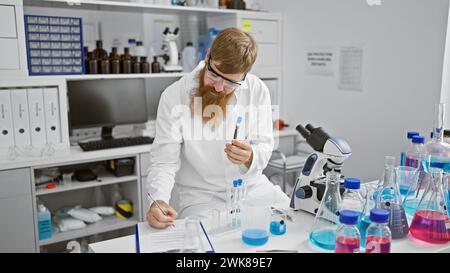 Handsome young redhead man working in laboratory, serious scientist with beard taking notes and analyzing test tube in research center Stock Photo
