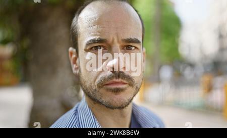 A thoughtful bearded hispanic man with a bald head stands on an urban street, exuding a sense of contemplation and confidence. Stock Photo