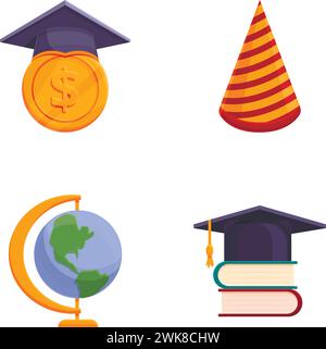 Education icons set cartoon vector. Graduation cap, book and globe. Learning concept Stock Vector