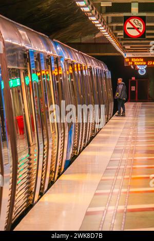 The subway, metro, underground line in Stockholm, Kungstradgarden stop on the blue line, with its famous colorful art and statues. Stock Photo