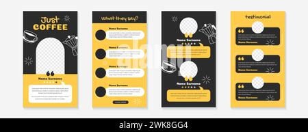 Customer service review template, product rate feedback. Testimonial posts for social media or website. Web banners or story set design of client opinion with gold stars, user icon and text messaging. Stock Vector