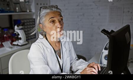 Middle age grey-haired lady scientist, focused face illuminated by the computer’s glow, diligently working on breakthrough research in a quiet, dimly Stock Photo