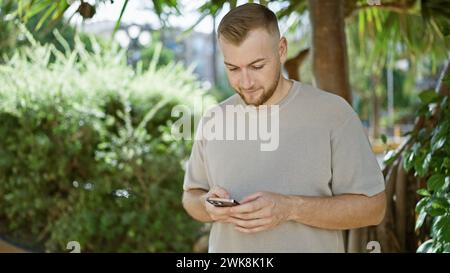 Bearded young man using smartphone in sunny park surrounded by greenery Stock Photo