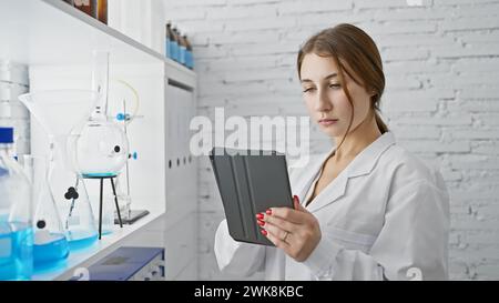 A young caucasian woman in a white lab coat analyzes data on a tablet in a modern laboratory setting, surrounded by scientific equipment. Stock Photo