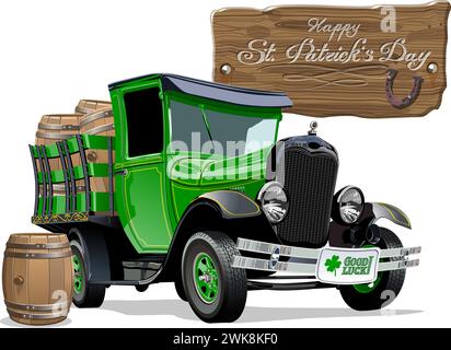 Vector vintage cartoon truck with beer barrels for Happy Saint Patricks Day Irish celebration design. Beer festival lettering on wood board. EPS-10 se Stock Vector