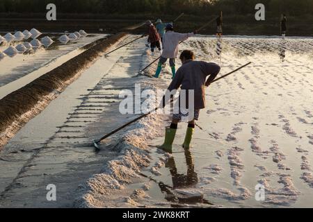 Workers producing salt by traditional methods used for thousands of years at a salt farm in Samut Sakhon,Thailand. Stock Photo