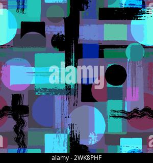 Contemporary art seamless pattern background. Abstract grunge geometric shapes. Hand drawn pink, black, blue, teal, purple circles, rectangles, square Stock Photo