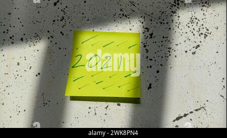 Text with the words "2021" on a note pasted on the wall Stock Photo