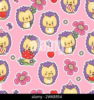 Seamless pattern with cute hedgehogs with fly agaric mushroom, butterflies and flowers on pink background. Vector illustration with funny cartoon kawa Stock Vector