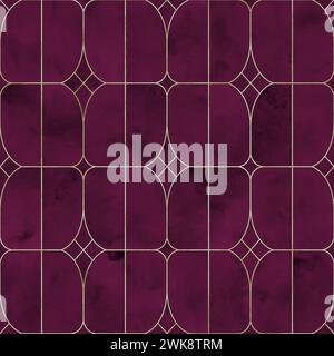 Watercolor burgundy red color stained glass window abstract geometric seamless pattern with golden line contour. Watercolour hand drawn texture backgr Stock Photo