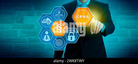 Unrecognizable business manager adding a CPRA icon to a corporate compliance solution. Business and information technology metaphor for the California Stock Photo