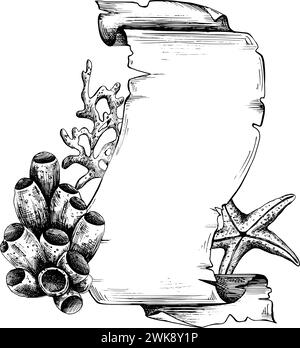 Sea Shell Scroll Design Paper banner scroll, in marine theme with underwater animals, shells ...