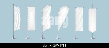 Textile table flags templates realistic vector illustration set. Fabric advertising banners on metal poles 3d models on blue background. Promo mockups Stock Vector
