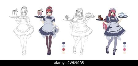 Anime girls working in maid cafe coloring book vector characters. Japanese women in special clothes serving desserts and drinks on white background Stock Vector