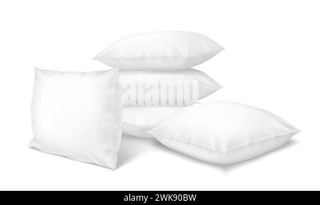 Soft pillows pile realistic vector illustration. Cushions for bed and couch 3d models on white background. Home decor bedding items Stock Vector