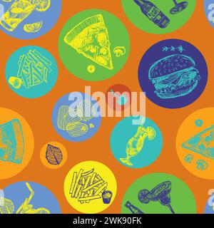 Vector bar cocktails alcoholic drinks and fast food fun pattern with round circles. Suitable for textile and wallpaper. Stock Vector