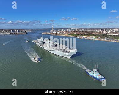 Portsmouth, UK - 12 Feb 2024 HMS Prince of Wales departs Portsmouth after a 24 hour delay on route to join in NATO exercises. Stock Photo