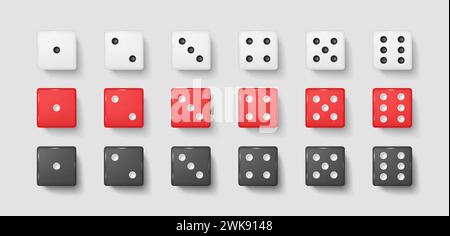 Gambling dices with dot numbers realistic vector illustration set. White red and black gaming cubes 3d models on white background. Risky playing Stock Vector