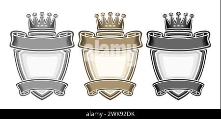 Vector Royal Emblems Set, collection of 3 isolated illustrations monochrome heraldic emblems with copy space, group of decorative various vintage sign Stock Vector