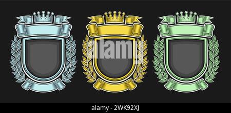 Vector Royal Crests Set, collection of 3 isolated illustrations heraldic colorful crest layouts with copyspace, group of decorative variety retro labe Stock Vector