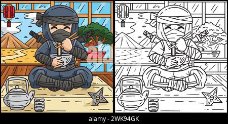 Ninja Eating Ramen Coloring Page Illustration Stock Vector