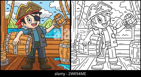 Pirate with a Barrel of Rum Coloring Illustration Stock Vector