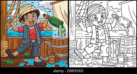 Pirate with Barrel of Rum Coloring Illustration Stock Vector