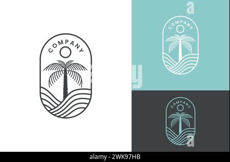 Palm tree island line logo with sunset illustration design, wave emblem design on white, blue and black background Stock Vector