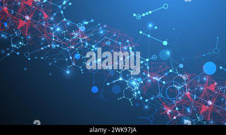 Abstract background on a scientific and technological theme. An image of hexagons on a dark blue background with a color plexus effect. Hand drawn vec Stock Vector