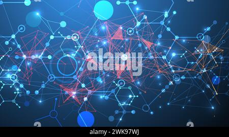 Abstract background on a scientific and technological theme. An image of hexagons on a dark blue background with a color plexus effect. Hand drawn vec Stock Vector
