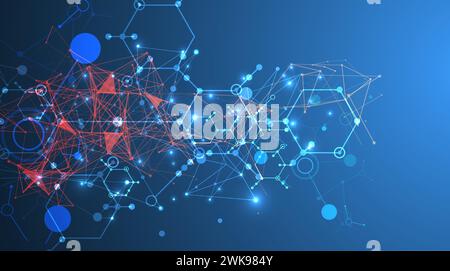 Abstract background on a scientific and technological theme. An image of hexagons on a dark blue background with a color plexus effect. Hand drawn vec Stock Vector