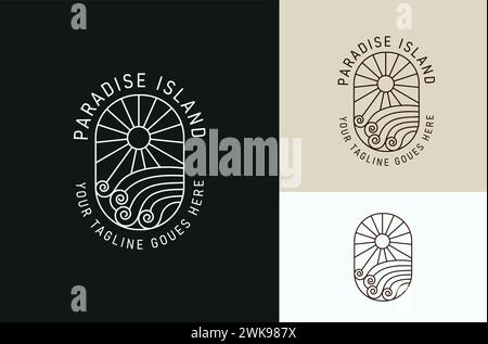 Island line logo with sunset illustration design, wave emblem design on dark and light background Stock Vector