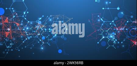 Abstract background on a scientific and technological theme. An image of hexagons on a dark blue background with a color plexus effect. Hand drawn vec Stock Vector