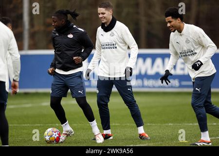 EINDHOVEN - (l-r) Johan Bakayoko, Joey Veerman, Malik Tillman during PSV Eindhoven's training ahead of the Champions League match against Borussia Dortmund at PSV campus De Herdgang on February 19, 2024 in Eindhoven, the Netherlands. ANP MAURICE VAN STEEN Stock Photo