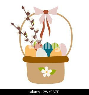 Vector cartoon style Illustration of Easter greeting card with Festive basket, colorful painted Eggs, Ribbon Bow, Willow Branches. Flat Vector Design Stock Vector
