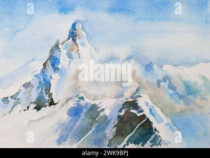 Blue ice capped mountain peaks with blue sky in the background, Indian watercolour art. Indian hand painted water color art created with water color. Stock Photo