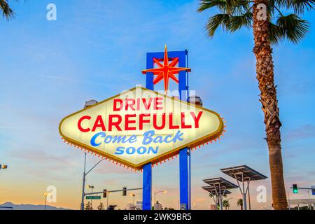 Las Vegas, Nevada, USA at the back of the Welcome to Las Vegas Sign reminding you to drive carefully and come back soon. Stock Photo