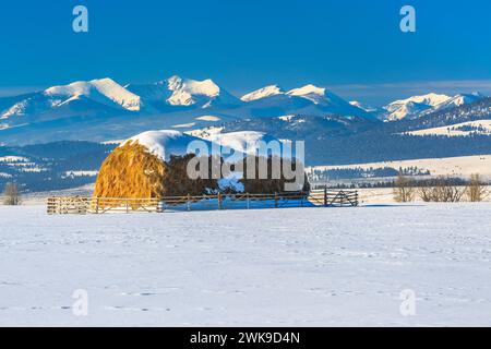 haystack below the flint creek range in winter near avon, montana Stock Photo