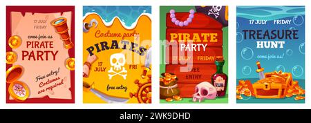Pirate treasure posters. Lost ancient gold, wooden chest with coins, sea robbers elements, weapons, kids party invitation, childish birthday posters, Stock Vector