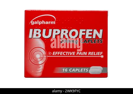 Galpharm ibuprofen 200mg caplets effective pain relief tablets medication isolated on white background Stock Photo
