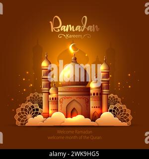 Ramadan Kareem art greetings with golden mosque and brown background. abstract vector illustration design. Stock Vector