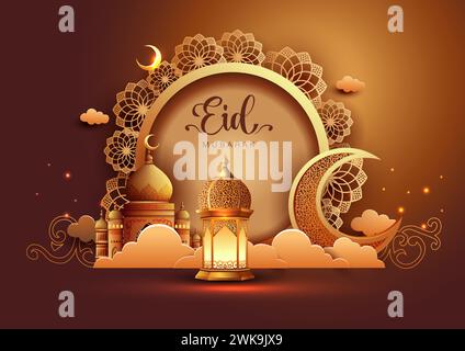 Eid Mubarak Muslim art greetings with golden mosque and brown background wallpaper. abstract vector illustration design. Stock Vector
