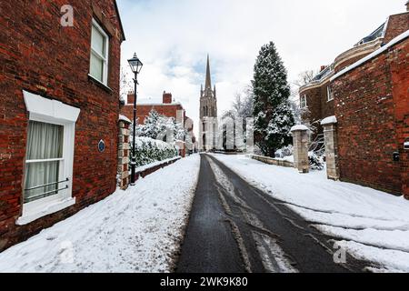 Louth, Lincolnshire, England, UK, snow, winter, Westgate Louth, St James church Louth, church, churches, st james church, louth church, spire, town Stock Photo
